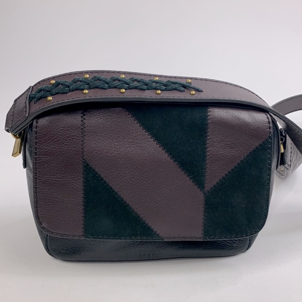 Fossil Leather Shoulder Bag Black Burgundy Lace straps Gold zip closure pockets